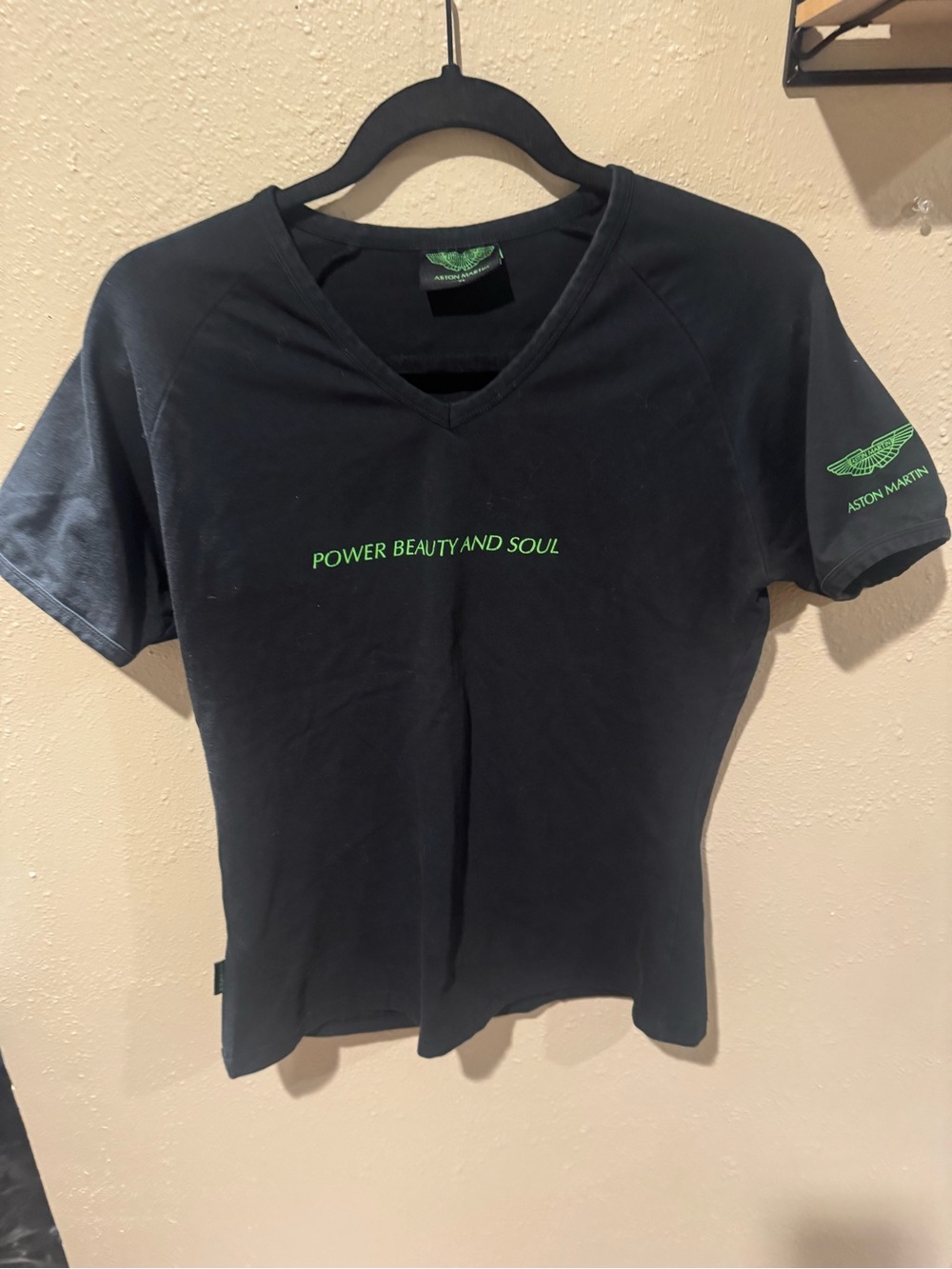Vintage Aston Martin- Black V-Neck T-Shirt with Green Logo